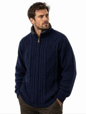 Aran Woollen Mills Irish Wool Zip Cardigan XL Navy Cable Knit Lined Sweater NWT